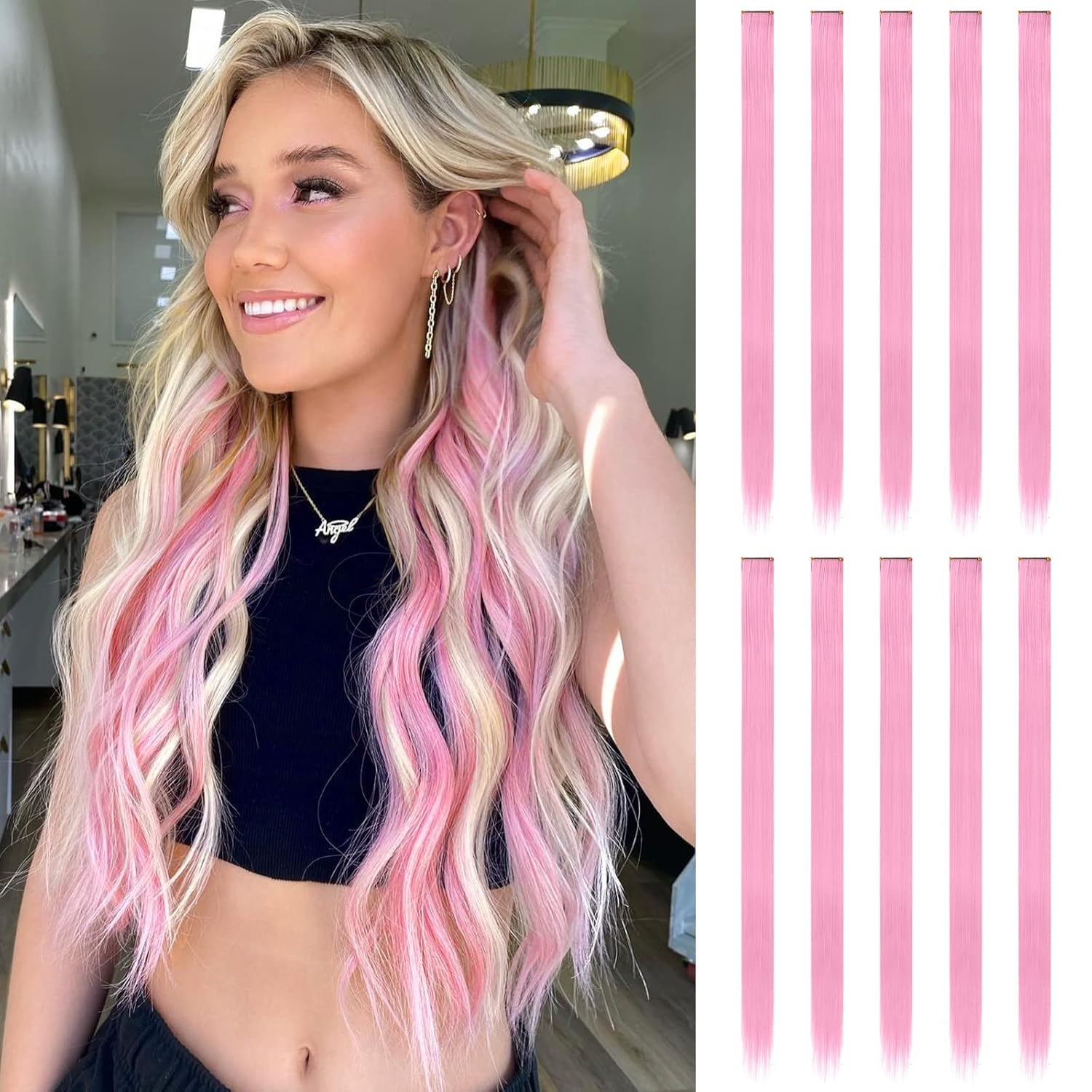 Extensiones de cabello de 22 pulgadas con clip, 6/12 piezas de extensiones de cabello rosa, extensiones de cabello de colores, reflejos de fiesta, cabello sintético largo