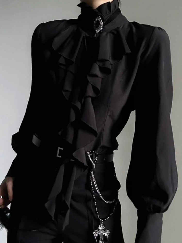 Chemisier Vintage Harajuku pour Femme, Col Montant, Volants, Coupe Ajustée, Noir et Blanc, Nouveauté 2026, Manches Longues