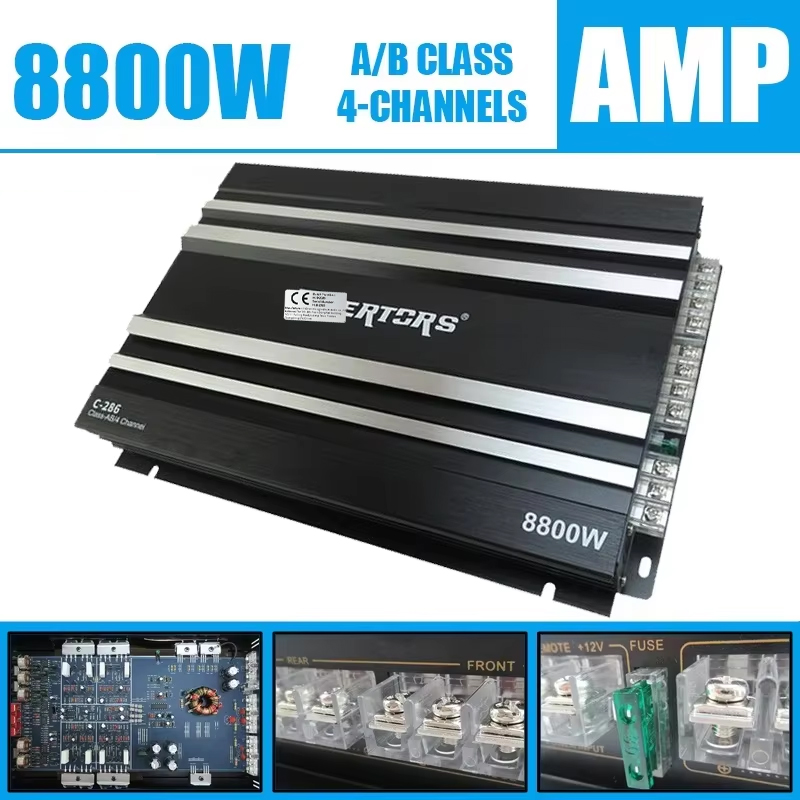 Wzmacniacz samochodowy klasy AB, 4-kanałowy, 12V, 8800W, stereo, do głośników, subwooferów, wysokich, średnich i niskich tonów.