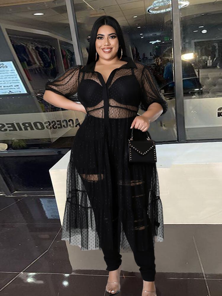 Vestidos de encaje para mujer, vestidos de talla grande, manga corta, malla transparente, Sexy, negro, venta al por mayor, envío directo
