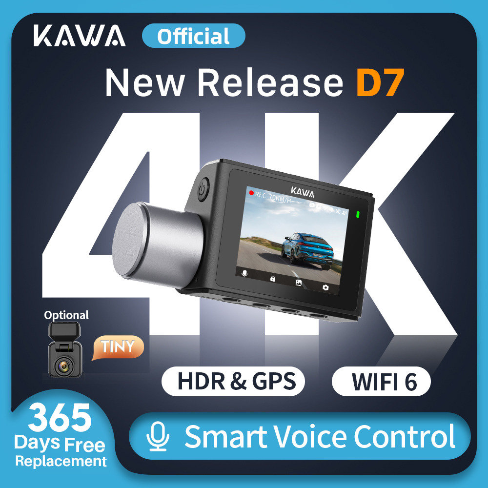Kamera Dash Depan dan Belakang 4K KAWA D7, Perekam Video 4K WiFi6 Kamera Mobil, DVR Kamera Belakang Mini untuk AUTO, Kontrol APP/Suara Dashcam