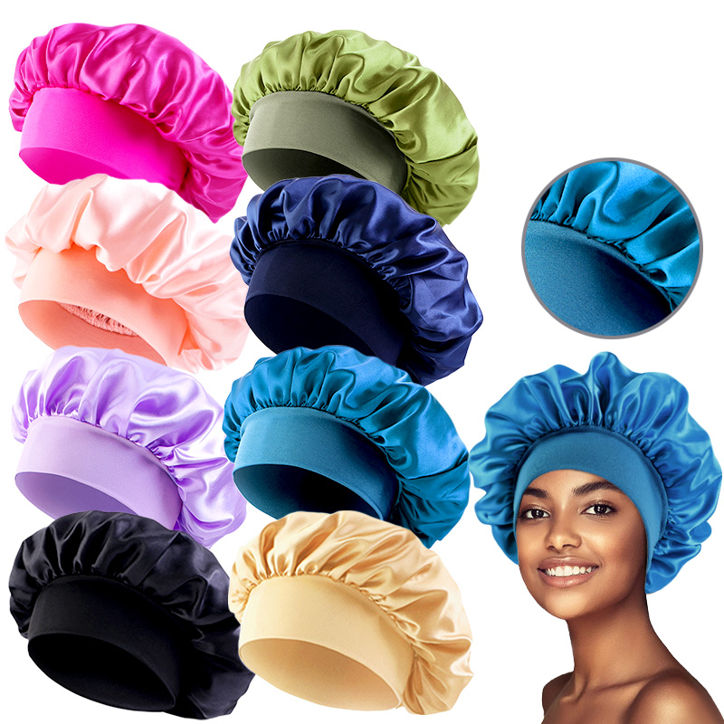 Novo feminino cetim sólido de abas largas chapéu de dormir unisex cabeça envoltório elástico boné cuidados com o cabelo gorro noite chapéu bonnet de nuit