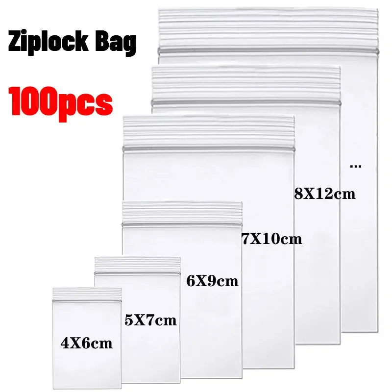 100 Uds. Bolsas gruesas selladas con cremallera, bolsa de almacenamiento de plástico transparente para joyería pequeña, embalaje de alimentos, bolsas de sellado Ziplock resellables