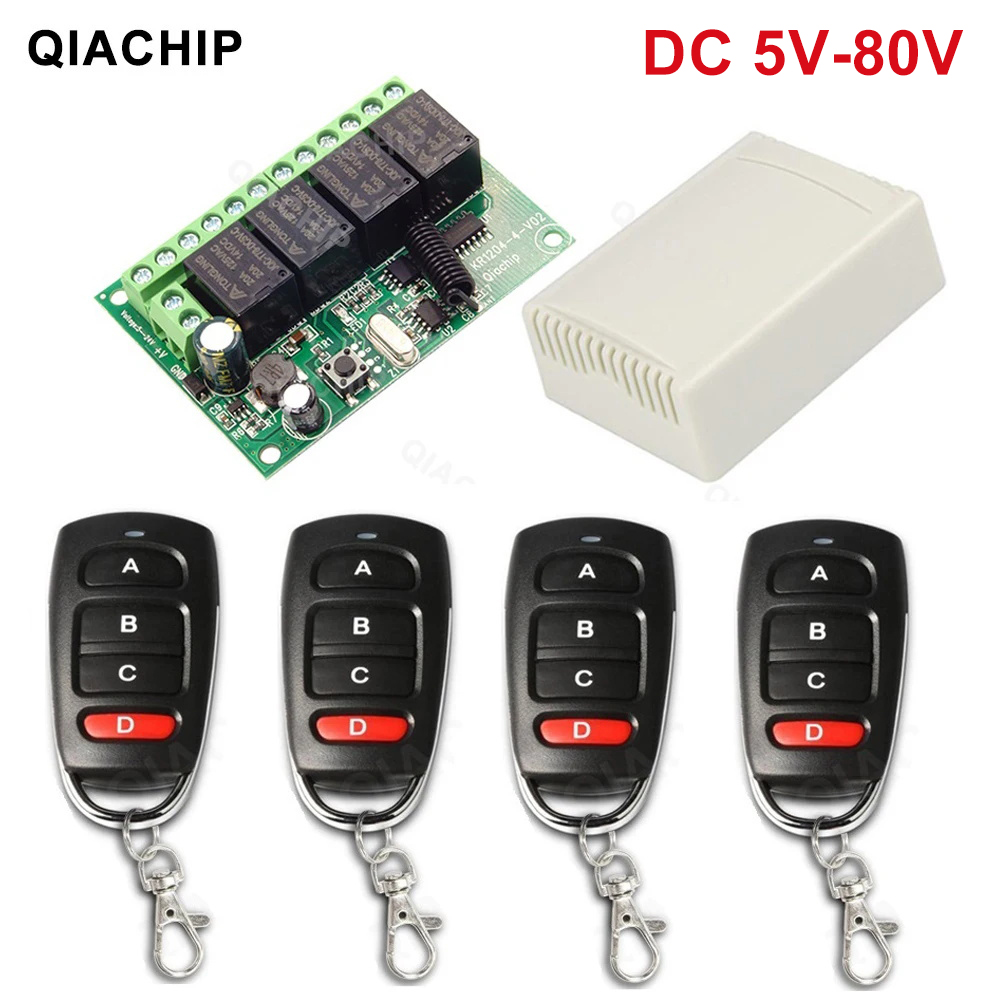 Qiacip saklar kontrol jarak jauh nirkabel, penerima modul Relay 433.92Mhz DC 5V 12V 24V 48V 10A 4CH EV1527 433Mhz untuk Motor DC DIY