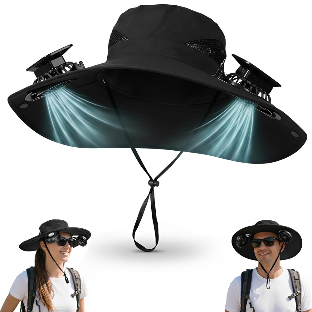 Topi Kipas Tenaga Surya untuk Pria Wanita, Topi Lebar dengan 2 Kipas, UPF 50+, Topi Pantai Memancing Outdoor, Topi Hiking Camping