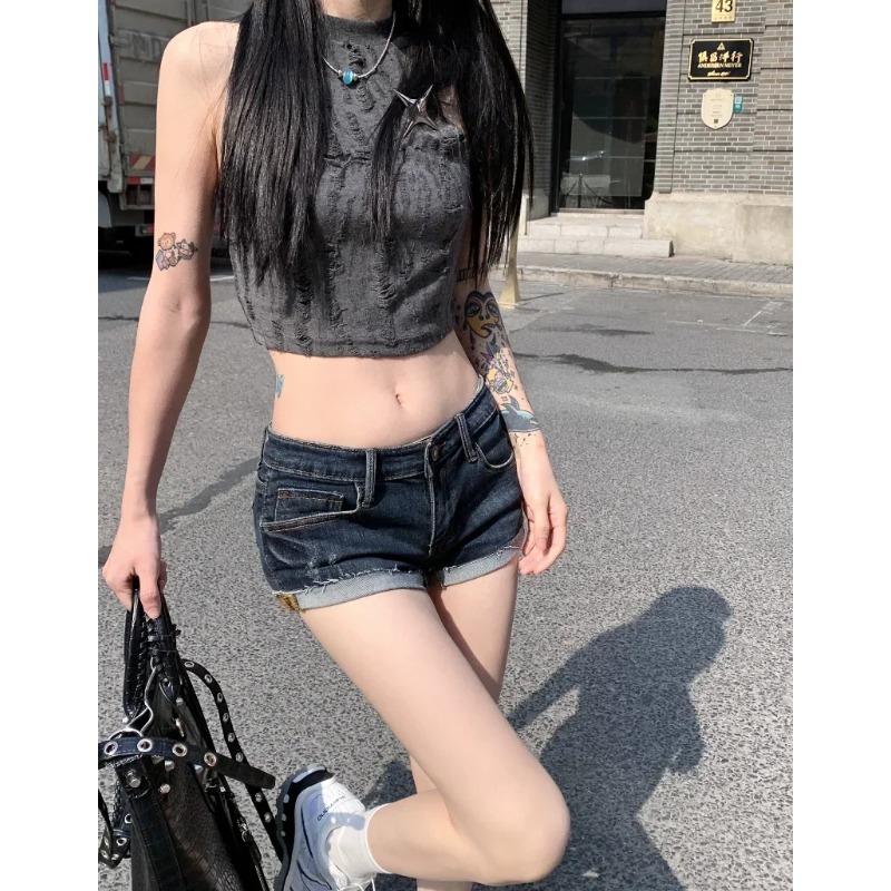 Femmes taille basse élastique serré bouclé Denim Shorts été nouvelle fille chaude rue décontracté hanche enveloppement Sexy Mini Shorts femme