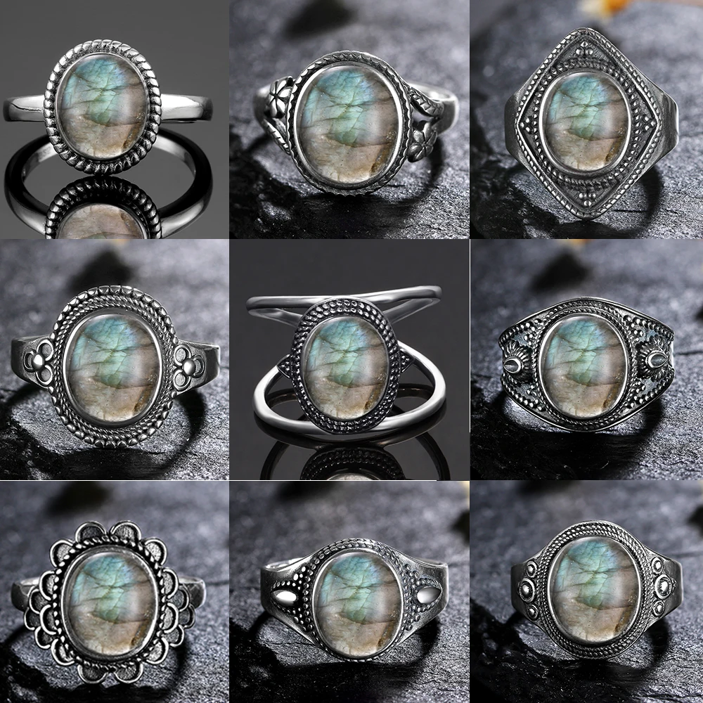Zilveren ring voor vrouwen ovale ronde natuurlijke labradoriet ring cadeau zonvormige retro luxe fijne sieraden