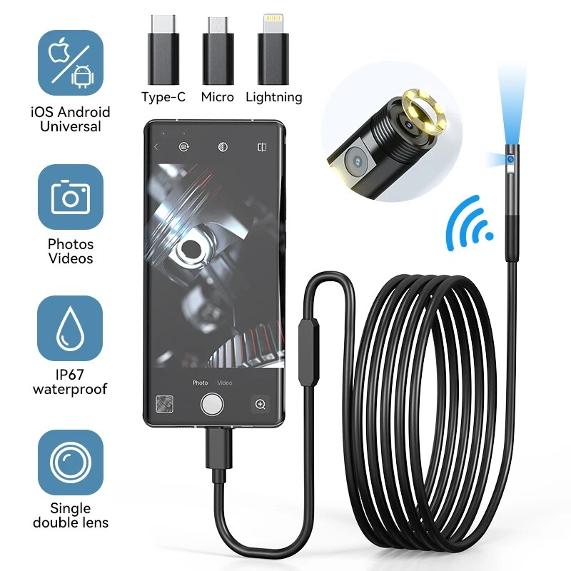 Cámara endoscópica Wifi de lente única/doble, Mini cámara de inspección de coche Android para Iphone IOS, boroscopio de tubería impermeable tipo C