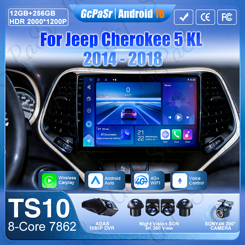 Android 16 Autoradio Per Jeep Cherokee 5 KL 2014 - 2018 Schermo di Navigazione GPS Carplay DVD No 2din 4G Wifi 2k Video Autoradio BT