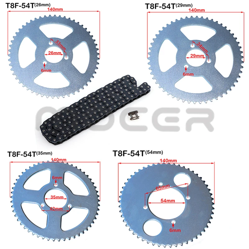 Cadena trasera para motocicleta T8F 54T, Piñón, 26mm, 29mm, 35mm y 54mm, cadenas de enlace T8F 136 para minimoto de bolsillo de 47cc y 49cc, Quad y ATV