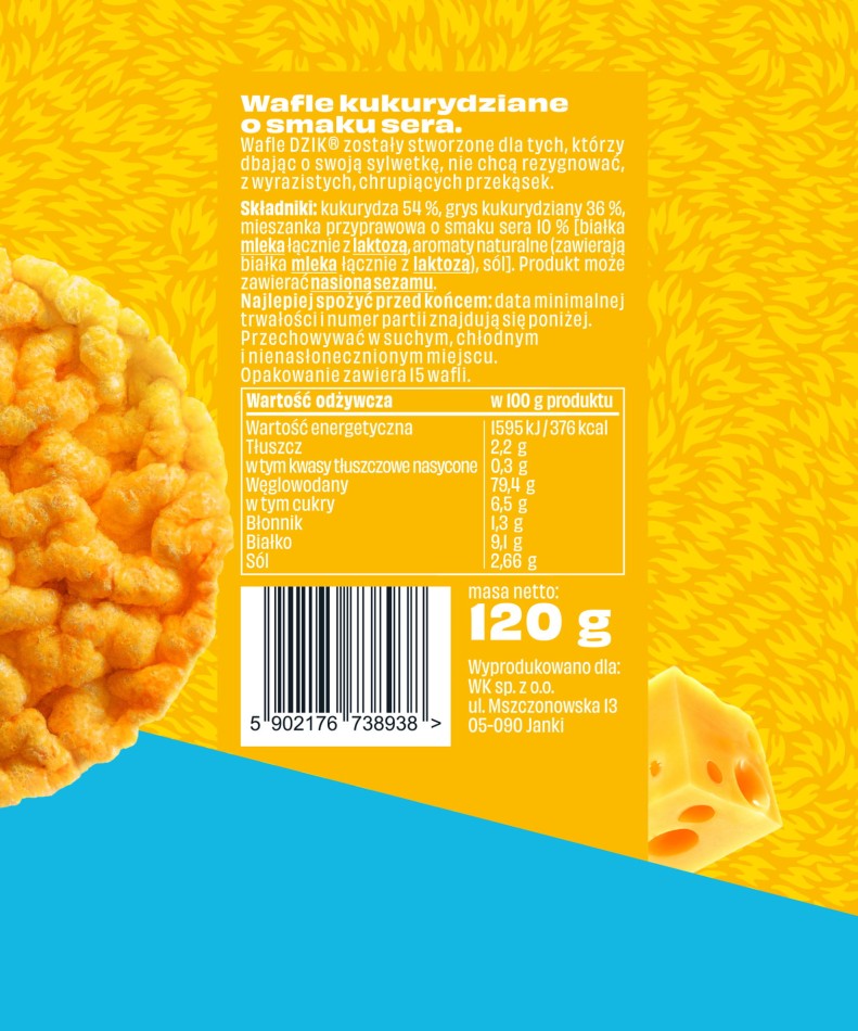 Wafle ryżowo-kukurydziane WK DZIK Serowe LOW FAT 120g