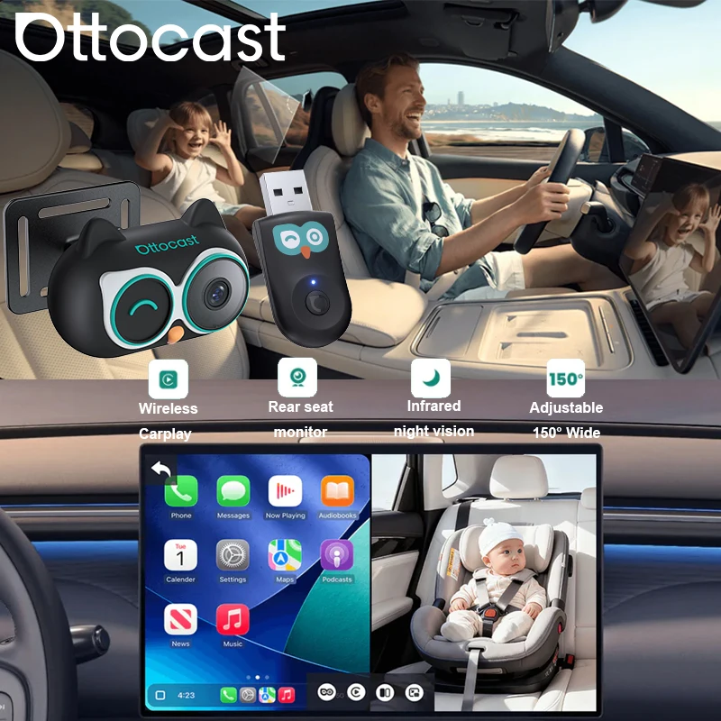 Ottocast Cabin Care Draadloze CarPlay-adapter 1080P Auto-achterbankcamera 150 °   Groothoeknacht voor kinderen en huisdieren voor Benz Toyota VW