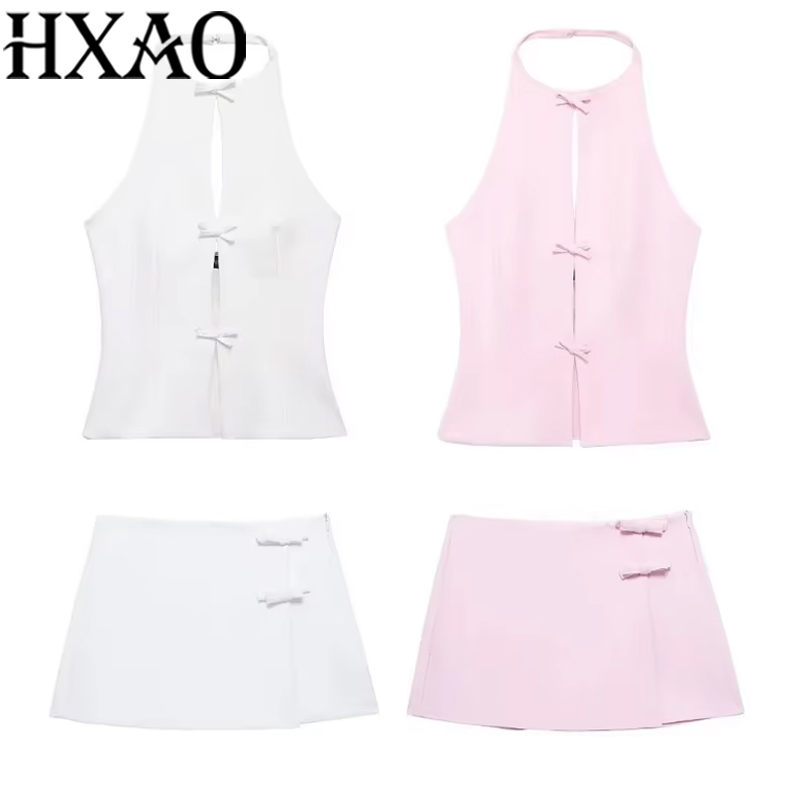 HXAO Boog Tweedelige Set Backless Halter Vrouwen Top En Mid Taille Dame Rok Nieuw In 2024 Zomer Mode Casual Kantoor Dame Set