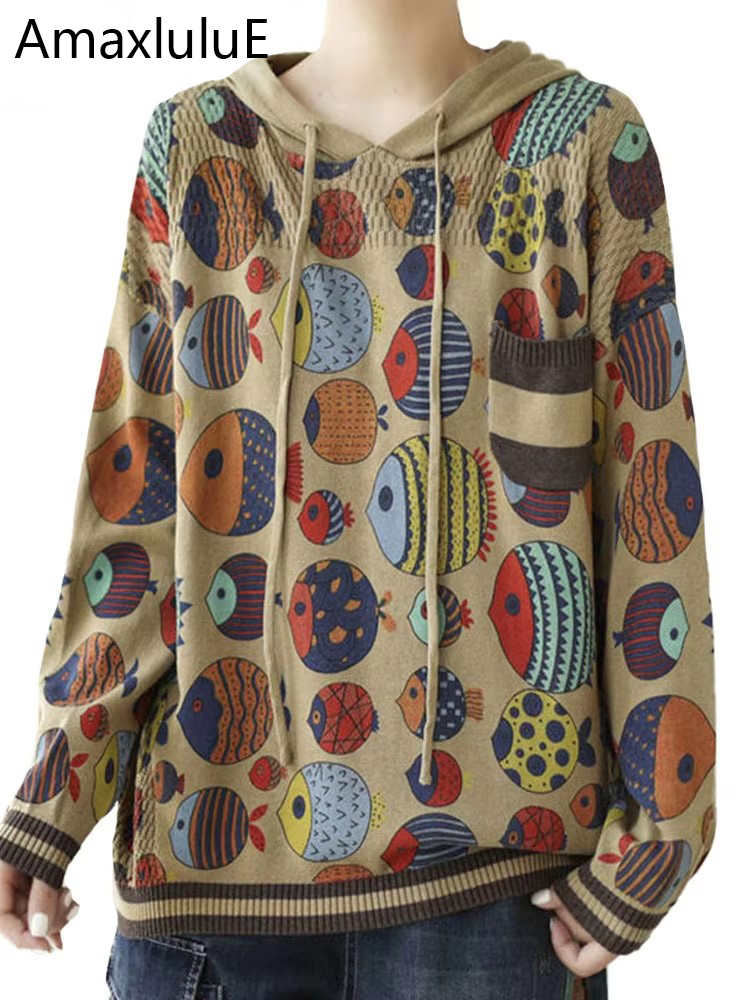 AmaxluluE 2025, moda de otoño, Jersey con capucha, suéteres holgados con estampado de dibujos animados para mujer, jerséis informales Vintage de lujo para mujer