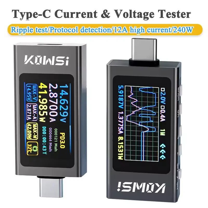 KWS-X1 Type-C Монитор тока и напряжения DC 4-30 В 0-12 А Измеритель мощности Тестер PD Емкость аккумулятора Цифровой измеритель ЖК-дисплея