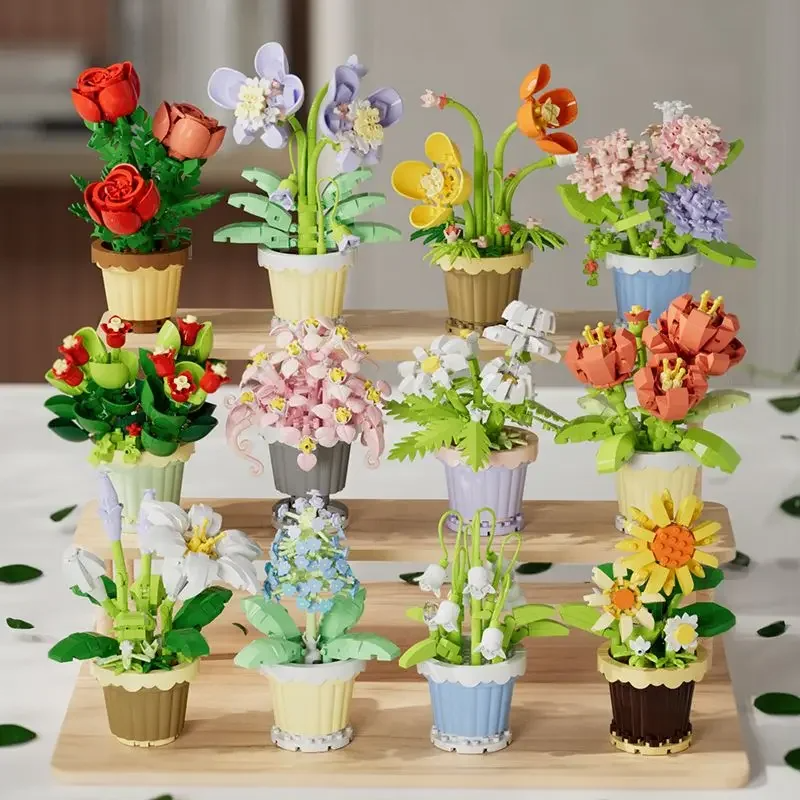Mini flor com pote micro blocos de construção brinquedos-detalhes florais intrincados, vários estilos disponíveis para decoração de casa e escritório