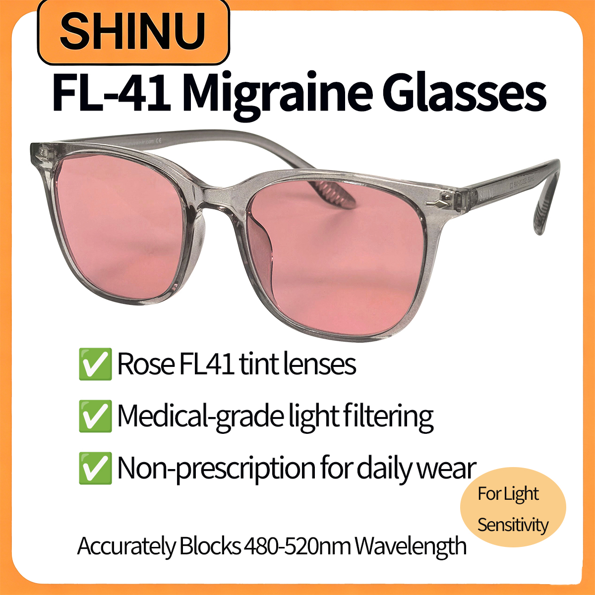 Gafas SHINU sin receta FL-41 para hombre, gafas tintadas FL41, lentes rosas FL41, gafas para fotofobia y migraña para mujer