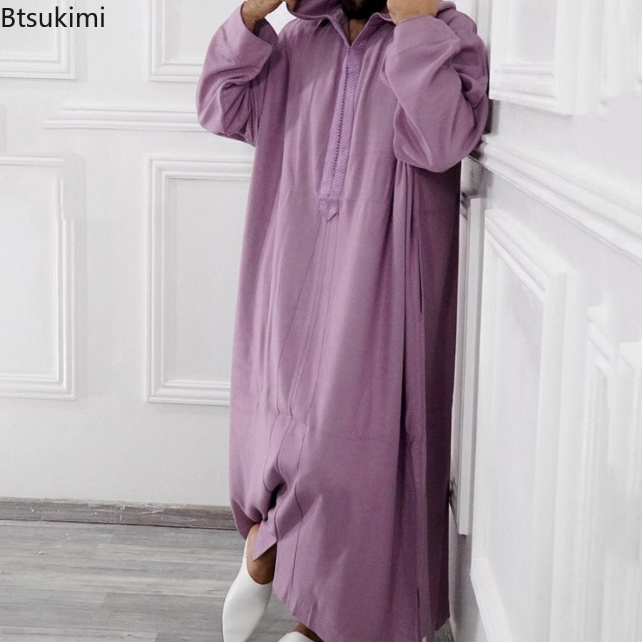 2025 bata musulmana con capucha para hombre, ropa árabe islámica de Oriente Medio, bata holgada Vintage de manga larga con cordón, bata masculina de moda