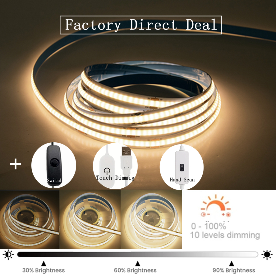 Tira de luces LED USB multicolor de 5V, interruptor COB, Sensor táctil, lámpara regulable, cinta, retroiluminación de espejo de TV, iluminación nocturna para cocina y habitación