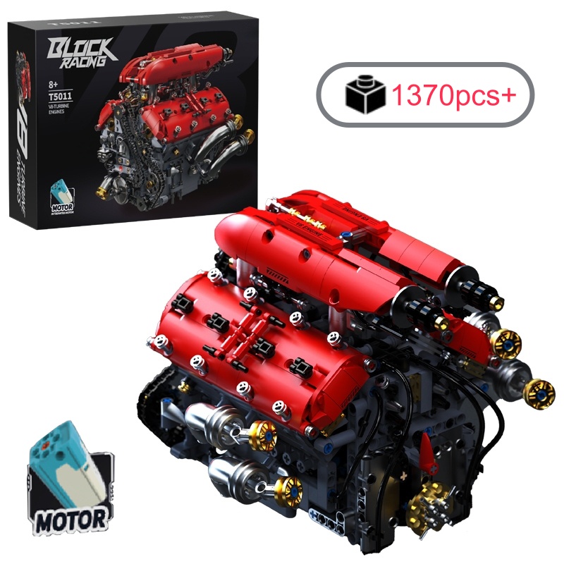 Set Blok Bangunan Model Mesin V8 Teknis dengan Motor Listrik Mainan Bata Perakitan MOC Hadiah Ulang Tahun Natal Anak-anak 1370 Buah