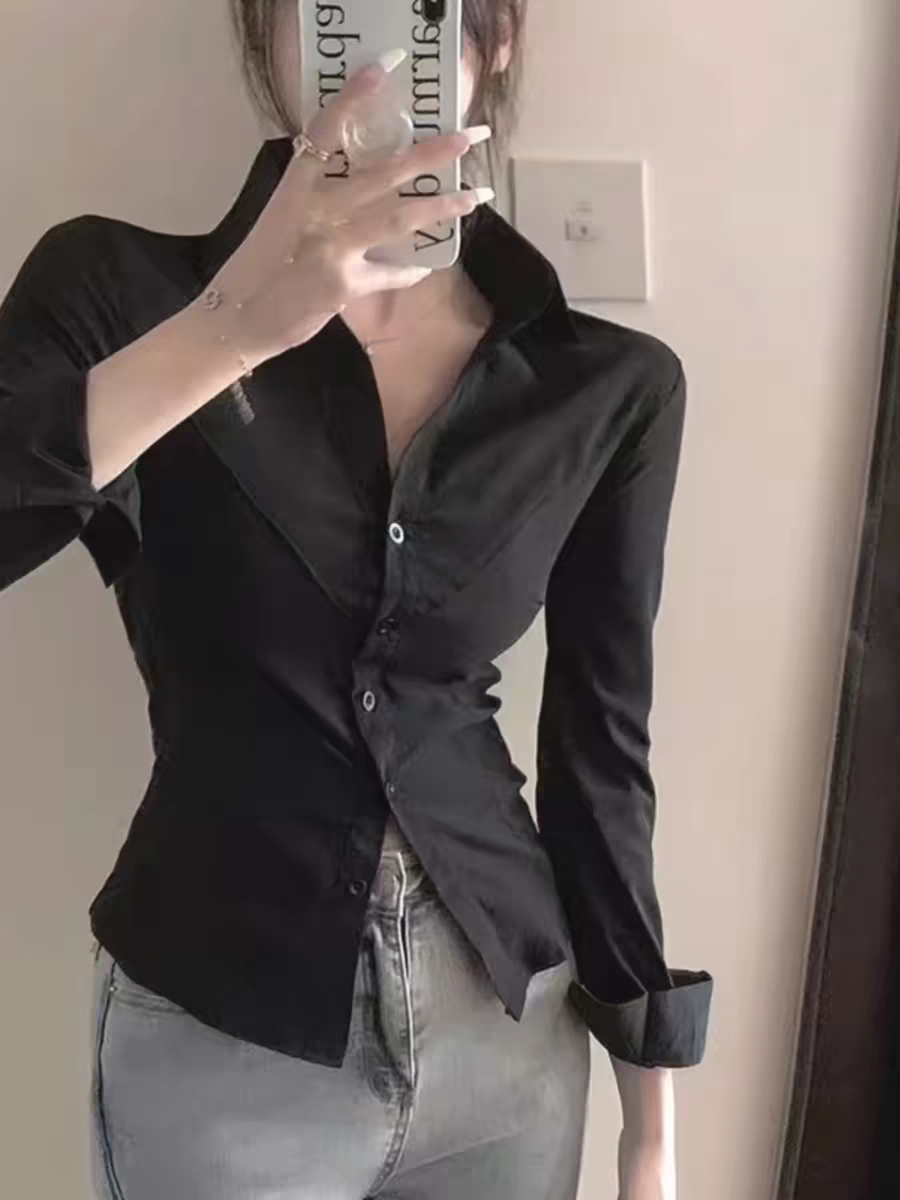 Sexy femmes chemises minces coréen tout Match vêtements de rue femme chemisier ajusté printemps automne décontracté noir mode chemise hauts à la mode