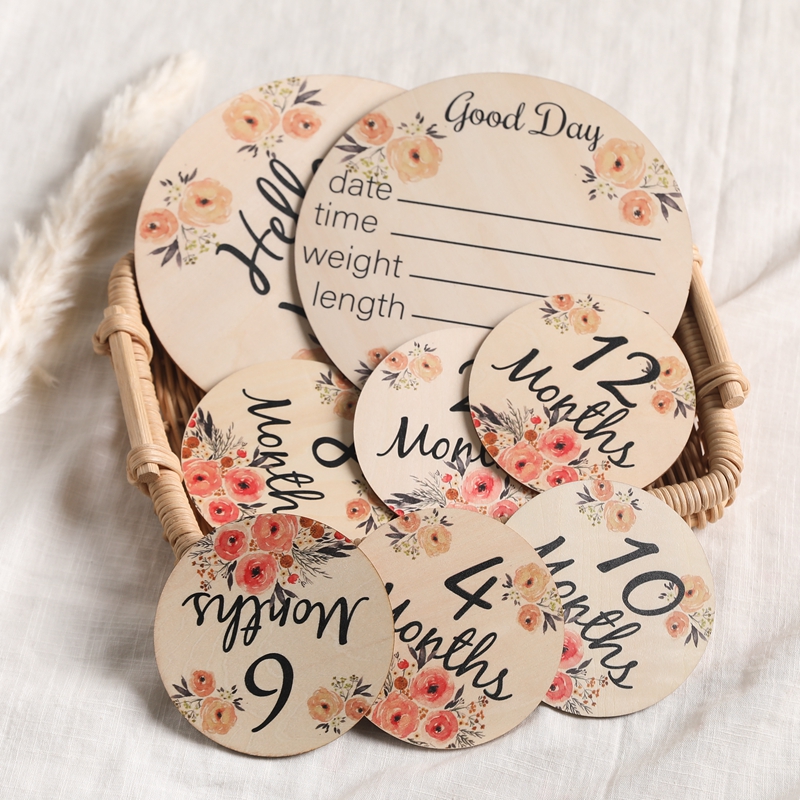 Juego de tarjetas de madera de doble cara para bebé, marcadores para embarazo, accesorios de fotografía para recién nacido, flores, 1 Juego