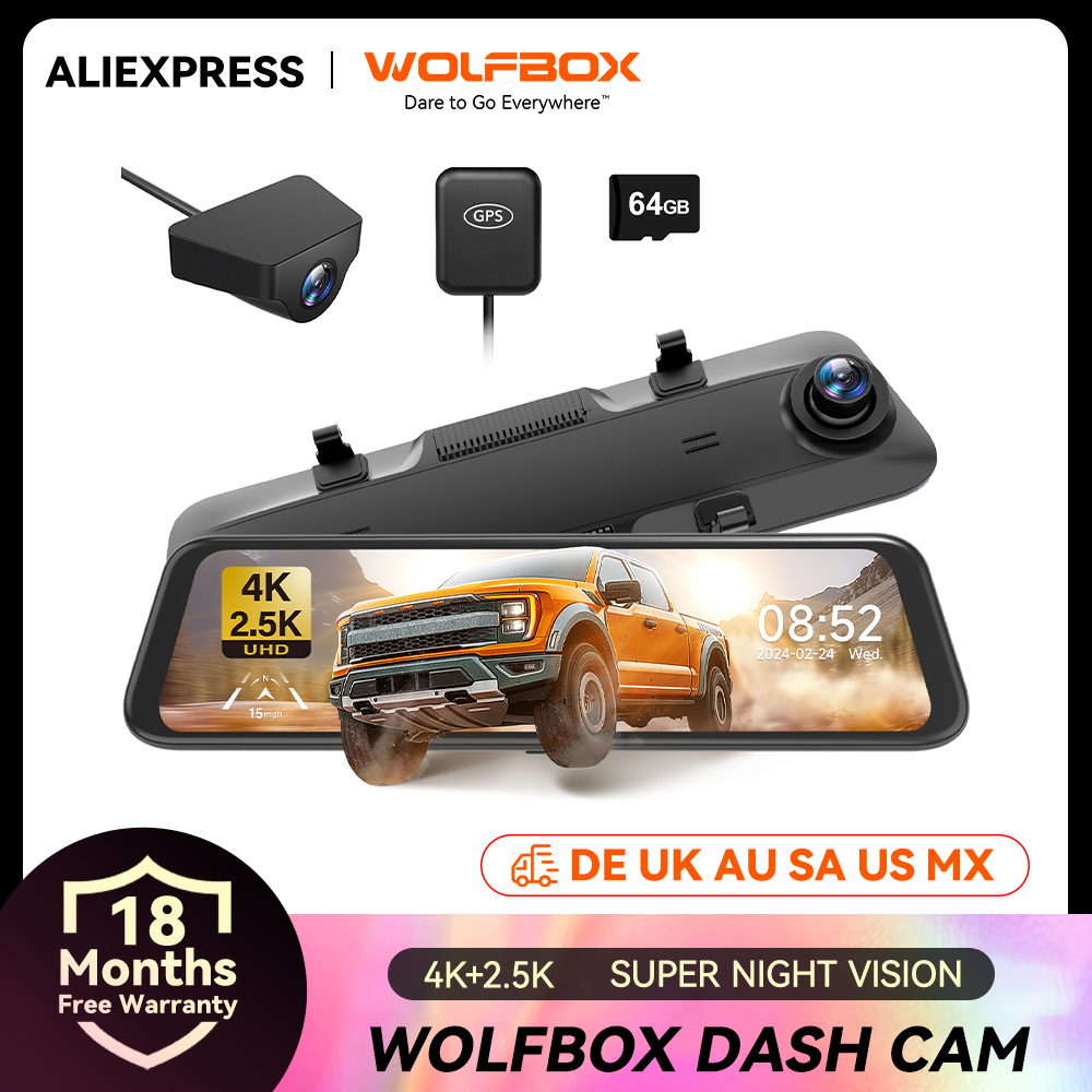 WOLFBOX G900 Dash Cam 4K+2.5K con Schermo IPS da 12'', WDR, FOV 170°, Telecamera Posteriore, GPS, Registratore Auto a Specchio con Streaming Multimediale