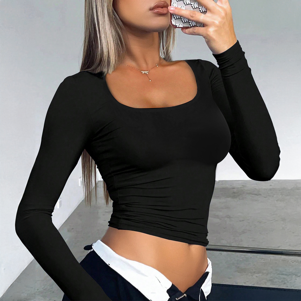 Damska koszulka z długim rękawem i dekoltem w szpic Wiosna Jesień Slim Casual Fashion Pullover Basic Baby Tee Y2k Clothes Streetwear Sexy Crop Tops