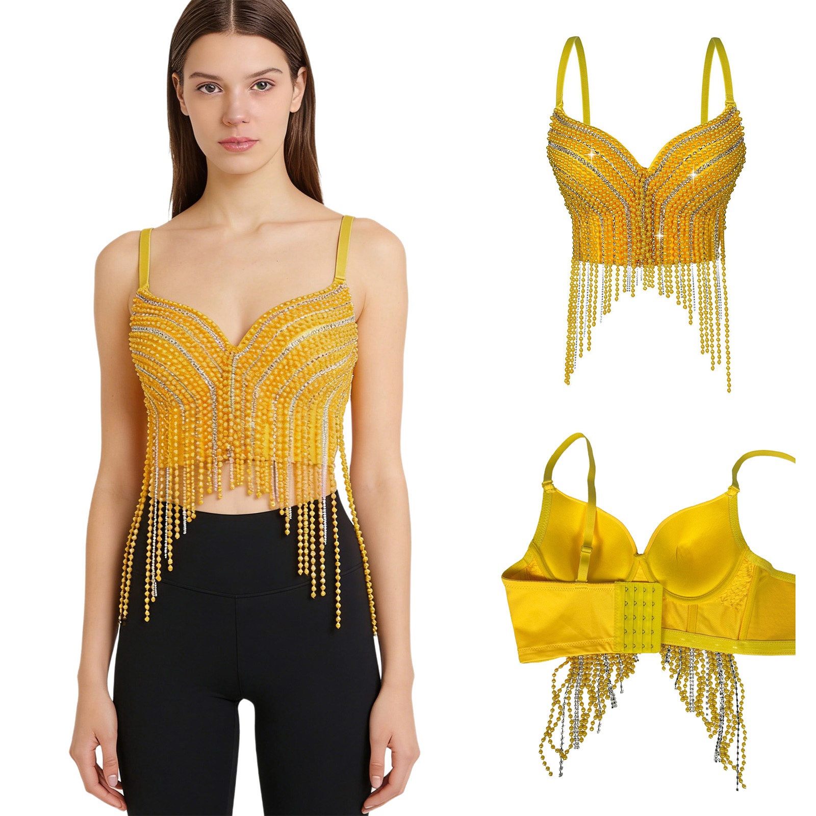 Womens Concert Tassel Bustier Vest Push-up Underwire Bra Plastic Beads And Rhinestones Tassel Crop Tank Top for Dance Club Party
