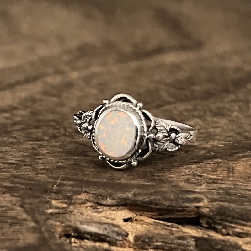 Cincin warna Perak Bunga geometri bulat INDAH UNTUK WANITA perhiasan cincin batu putih bertatahkan logam antik