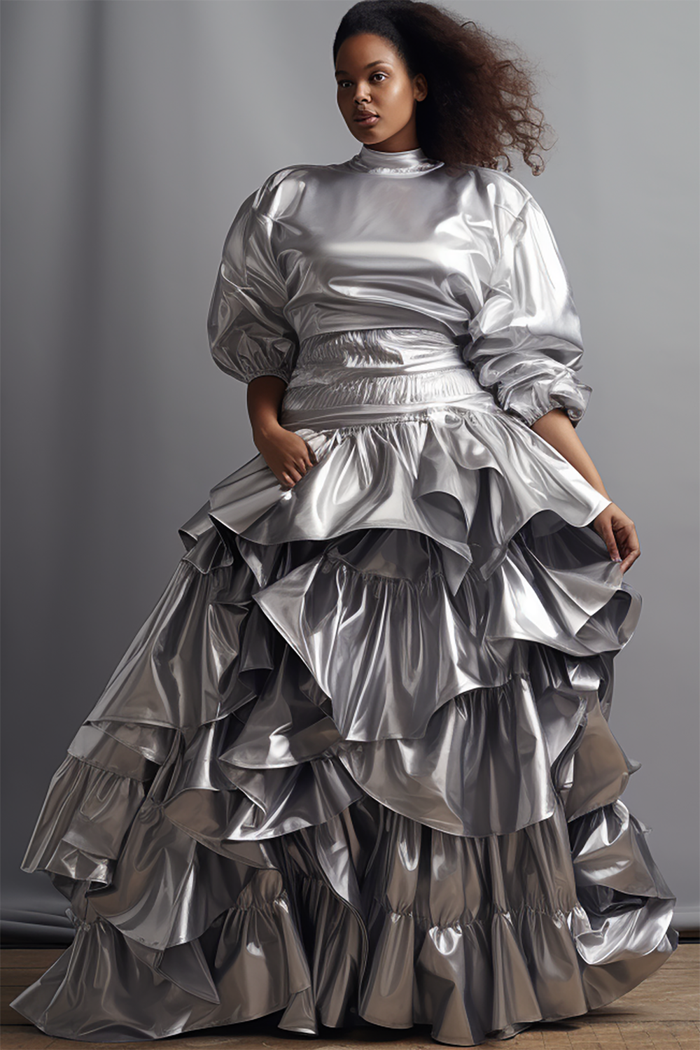 Conjuntos de falda de dos piezas metálica con volantes, manga abombada, cuello simulado, semiformal, elegante, plateado, talla grande, Otoño Invierno
