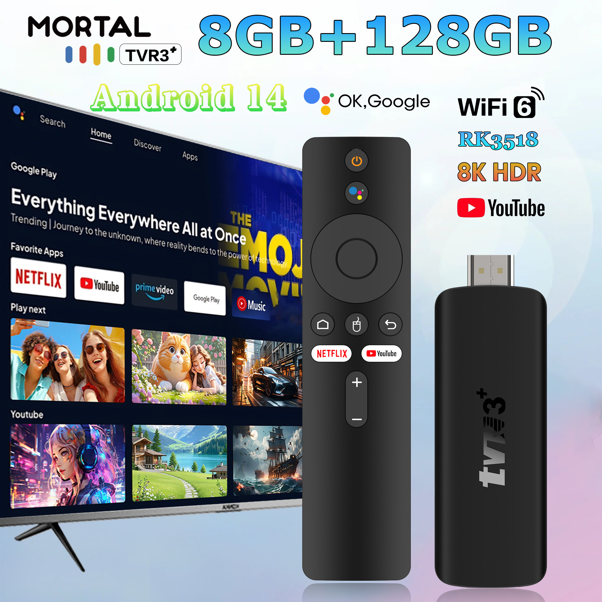 2026 TVR3+ Dual UI interface TV Stick 8K HD WIFI 6 Android 14.0 RK3518 Quad Core 8GB RAM 128GB ROM Home Theater Media Player