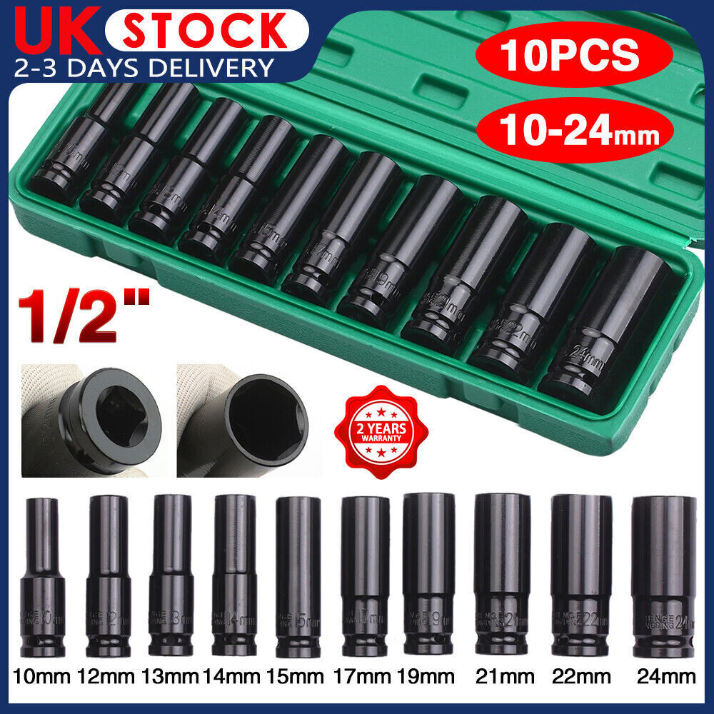 10ชิ้นซ็อกเก็ตลึก1/2 ''พร้อมกล่องดีไซน์6จุดชุดบล็อกหัวน็อตแบบ1/2ไดรฟ์เหล็กกล้า CR-V สำหรับบล็อคลม1.27ซม.
