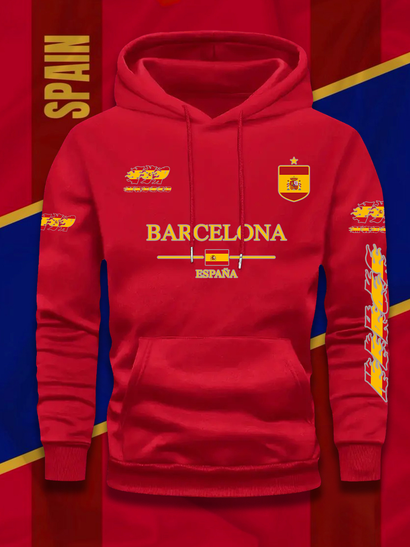 Barcelona Spaanse Vlag Print Voetbalfan Mannen Vrouwen Sweatshirt Met Capuchon Herfst Winter Dagelijks Vakantie Fitness Losse Warme Sportkleding