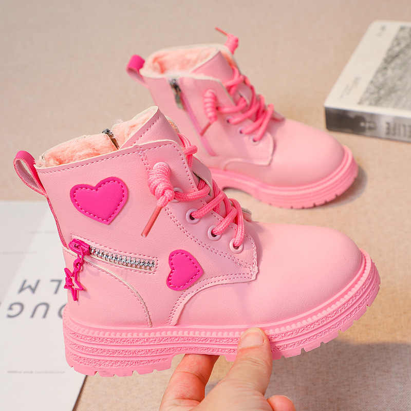 Botas de borracha femininas com sola macia, PU de dedo redondo, sapatos de princesa, rosa, zíper lateral amor, algodão, garota legal, moda, outono, inverno