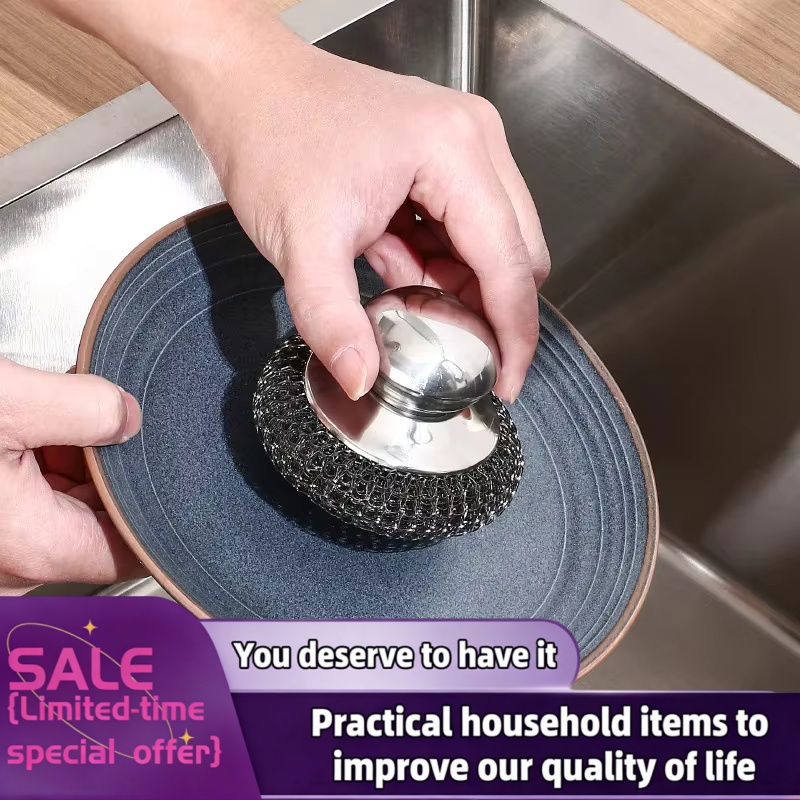 Stainless Steel Pot Brush with Handle Heavy Duty Metal Scrubber Wire Ball Dishwashing Tool for Home Pot Pan Cleaning