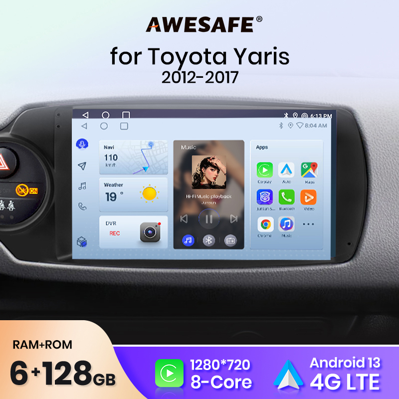 Radio de coche inalámbrico AWESAFE con CarPlay y Android Auto para Toyota Yaris 2012 2013 2014 2015 2016 2017, GPS, navegador, SWC, FM, BT, Plug and Play, DSP, estéreo