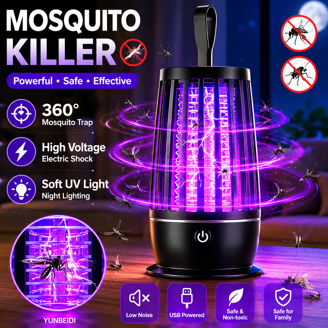 Lámpara antimosquitos 2 en 1, lámpara antimosquitos UV, luz nocturna silenciosa, recargable por USB, lámpara antimosquitos para exteriores