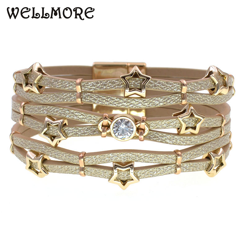 WELLMORE pulseras de estrellas para mujer, pulseras de cuero bohemias, pulseras envolventes de moda, pulseras magnéticas, joyería femenina al por mayor