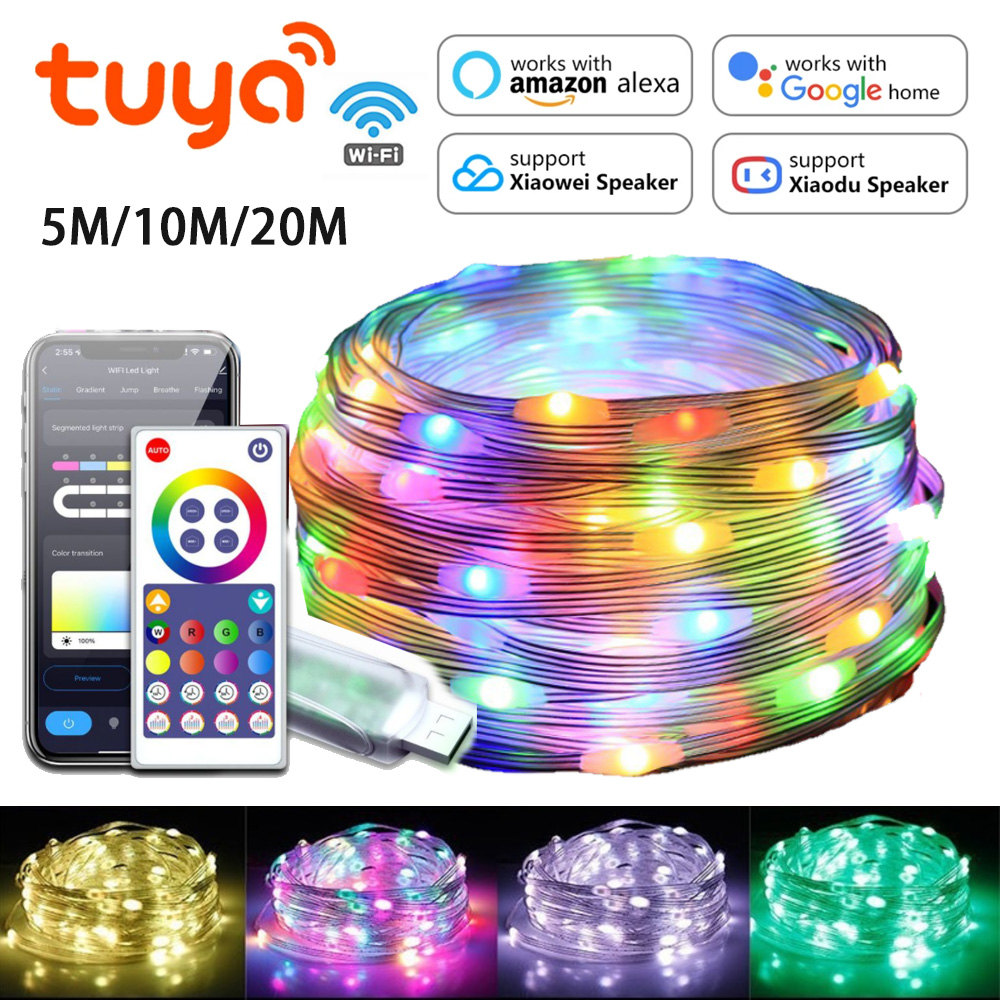 USB noël RGBIC chaîne lumière Tuya WIFI télécommande 5M 10M 20M Pixel chaîne lumière WS2812 musique étanche fée lumières