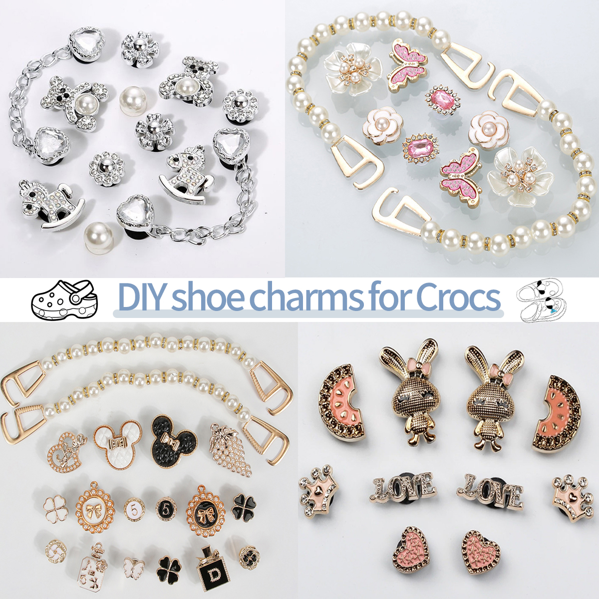 Conjunto de Acessórios para Sapatos DIY, Charms para Crocs, Correntes de Pérola e Decorações para Sapatos (50PCS)