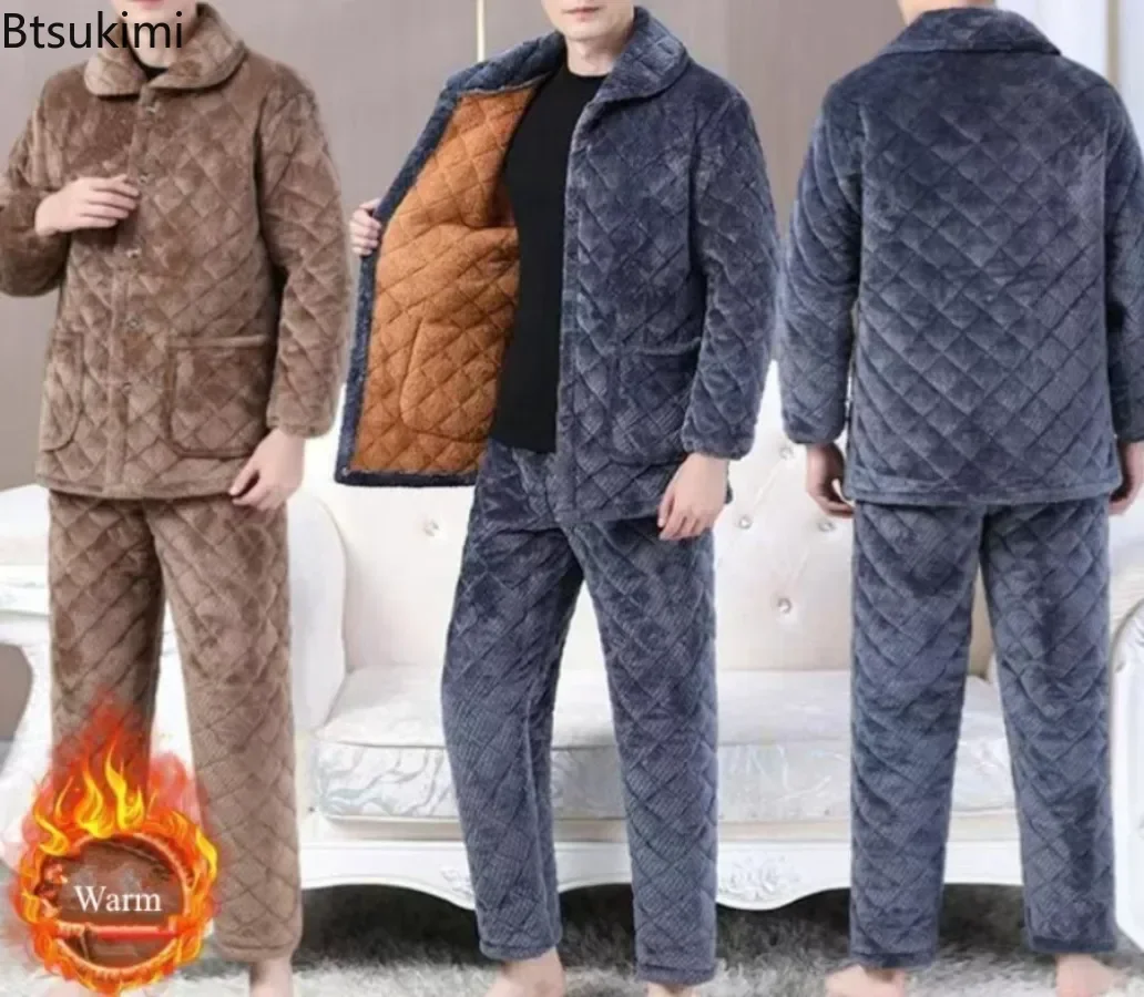 Зимний новый мужской трехслойный утепленный пижамный комплект, уютный коралловый флис, теплый домашний костюм из двух предметов с хлопковой подкладкой, мужская одежда для сна для отдыха