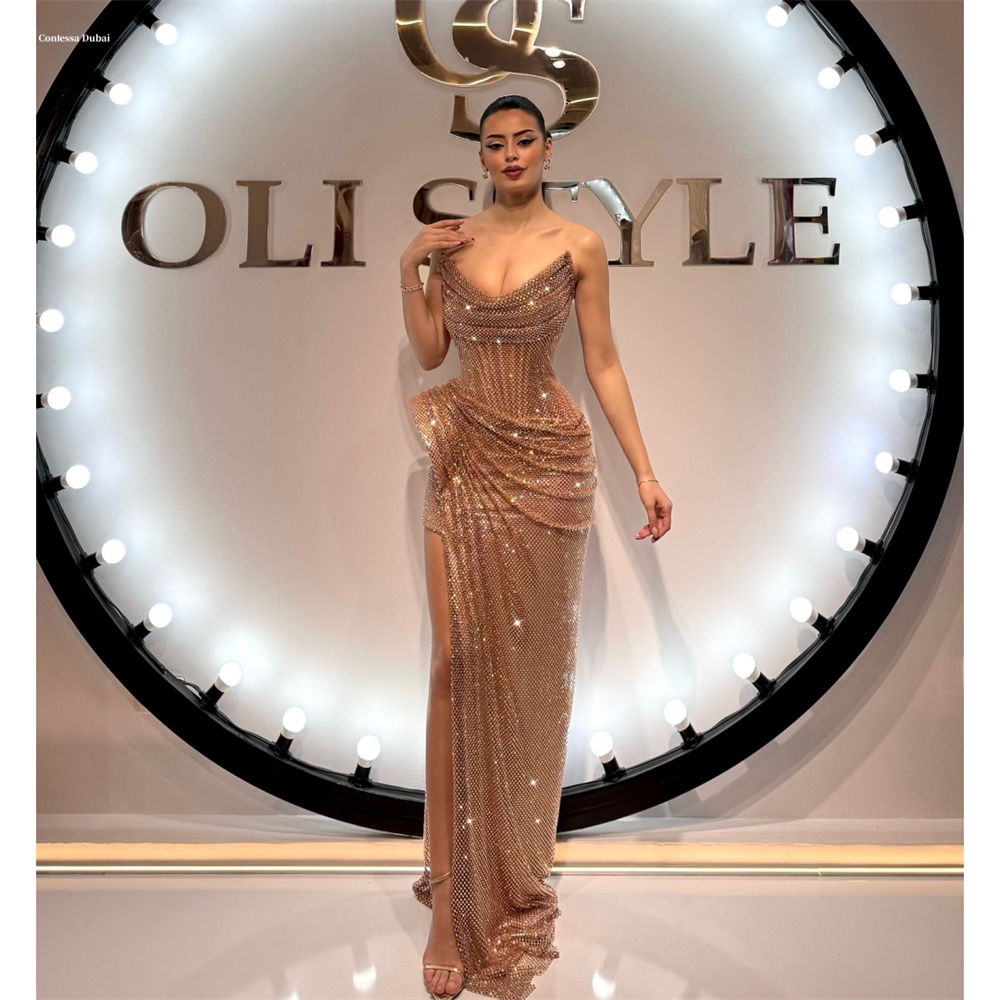 Contessa dubaï personnalisé côté haute fente plissée sirène robe de bal longueur au sol sans bretelles robe de soirée sans manches robe de soirée