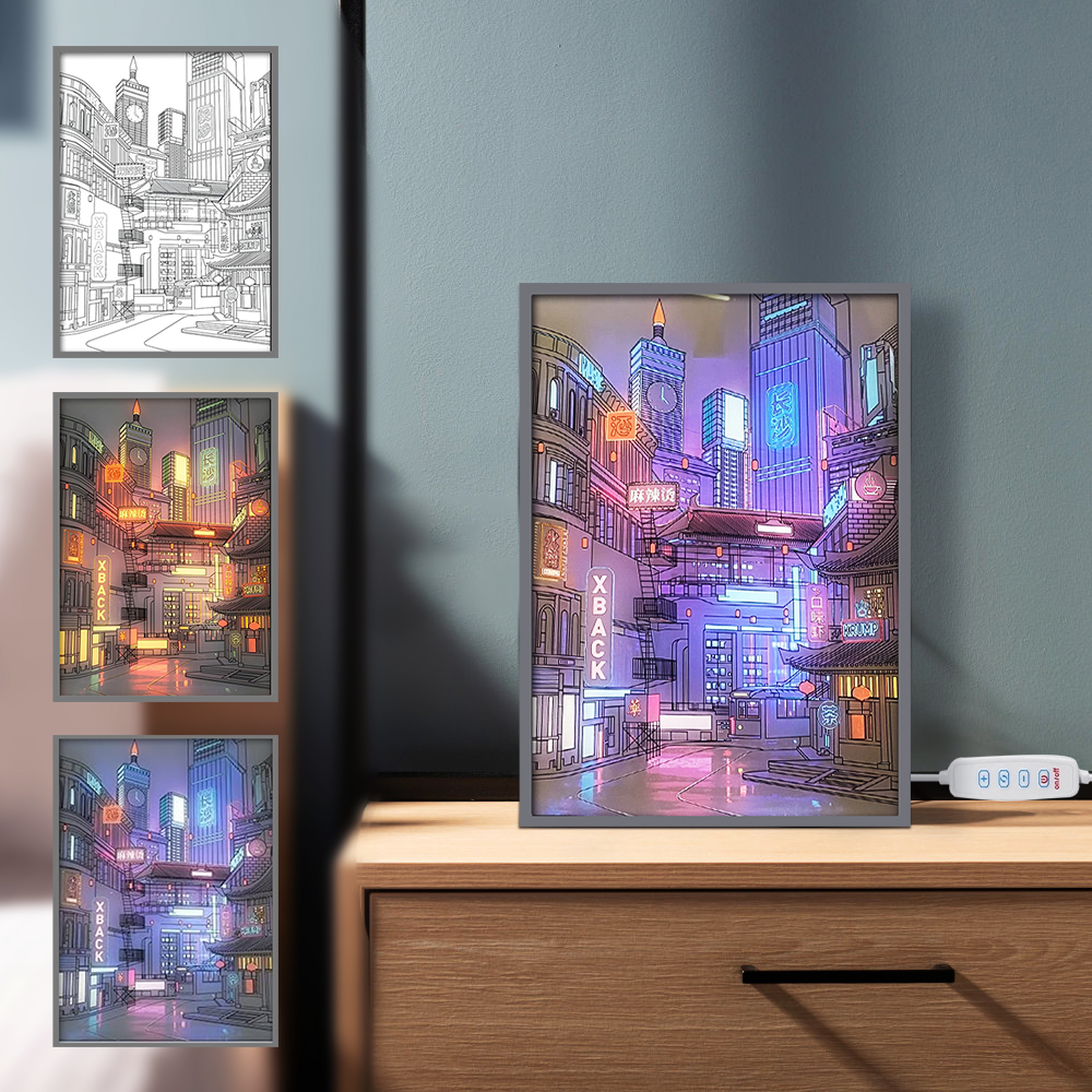 Anime led bela cidade noite vista luz pintura, imagem hd moldura estreita usb plug escurecimento romântico casa decorações noite lâmpada