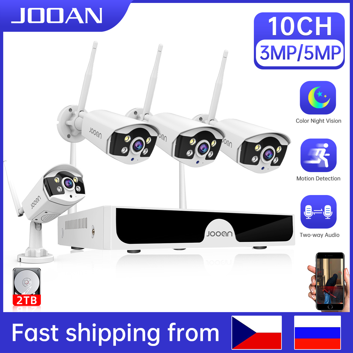 Jooan 3MP 5MP WiFi System CCTV 10-kanałowy NVR System kamer bezpieczeństwa Dwukierunkowy dźwięk Zewnętrzne bezprzewodowe kamery IP Zestaw do nadzoru wideo