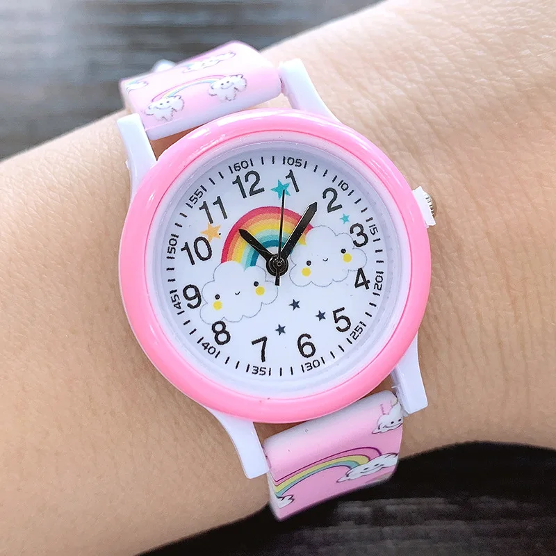 2024 nuevo reloj para niños con banda de silicona con estampado de nubes de arcoíris, reloj de cuarzo con bonitos dibujos para niñas, relojes para niños y niñas