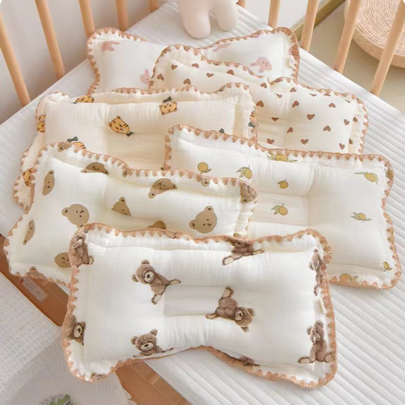 Almohada de lino y algodón para bebé, ropa de cama de uso General, antiinclinación, oso de dibujos animados, cuatro estaciones