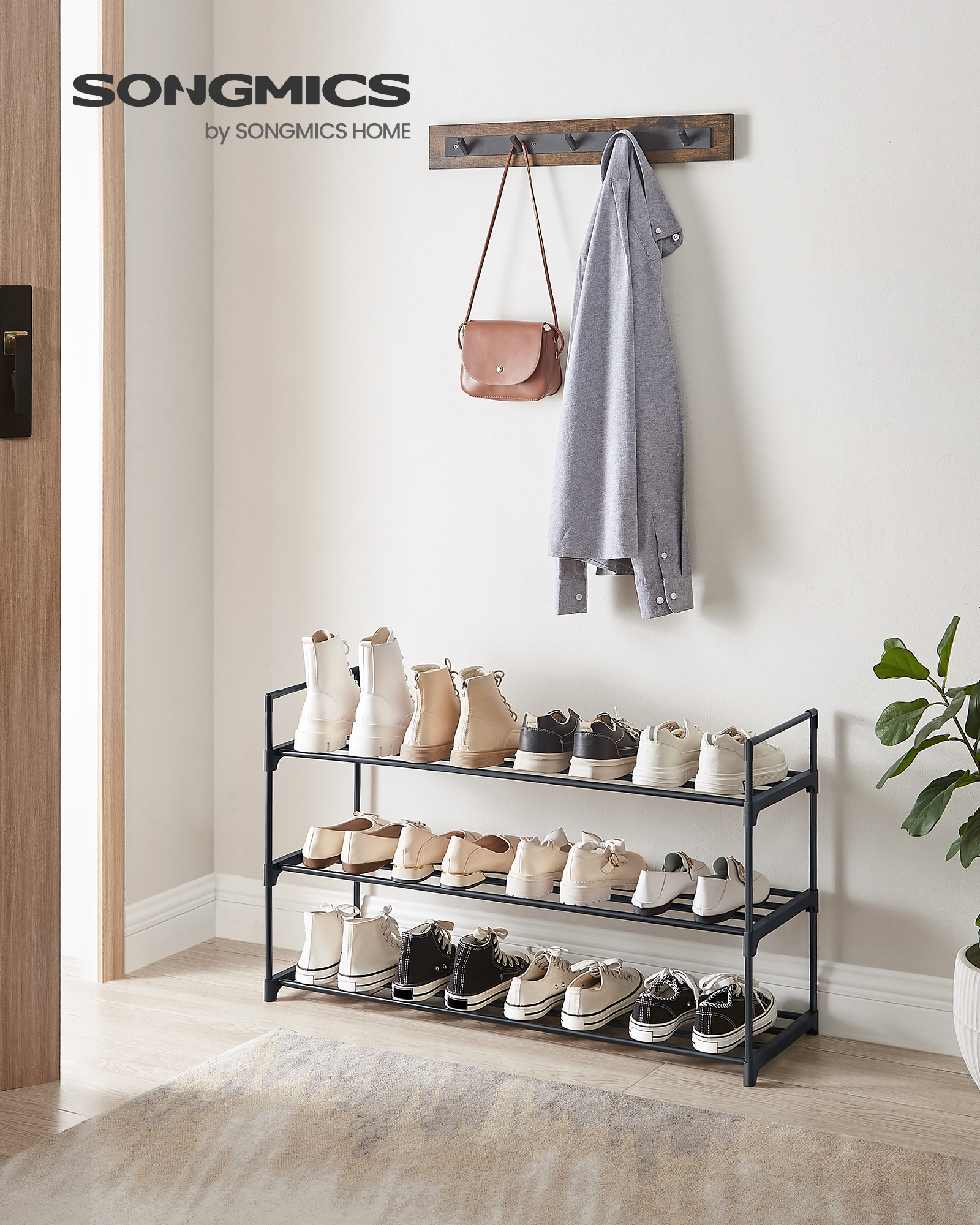 SONGMICS Zapatero de 3 Niveles, Estantería de Zapatos, Estantería de Metal, para 12 a 15 Pares de Zapatos, Estante Apilable, para Pasillo, Salón, Dormitorio, 30 x 92 x 54 cm, Negro