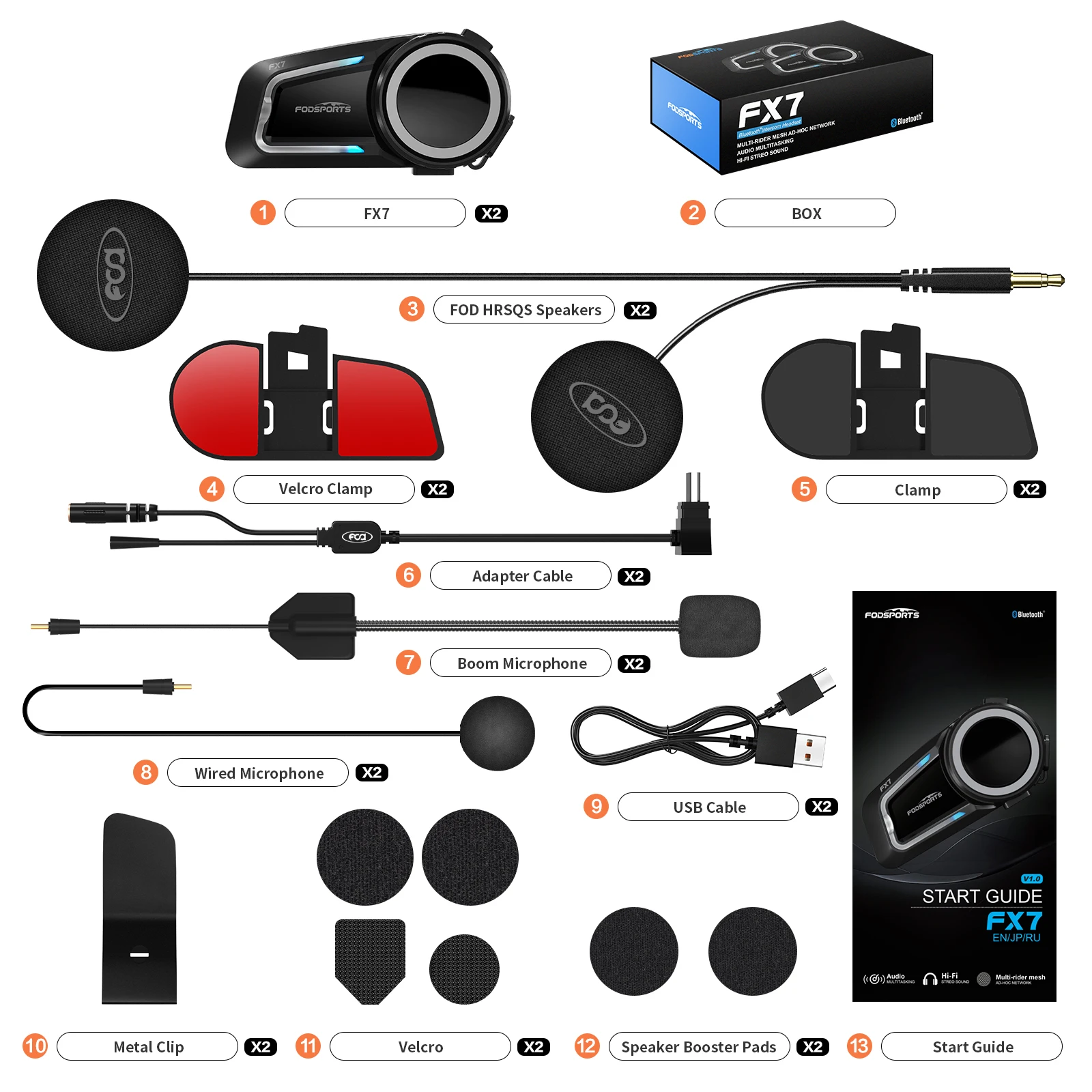 2 stuks Fodsports FX7 Mesh motorfiets intercom Bluetooth helmheadset, BT5.4, ondersteunt APP.