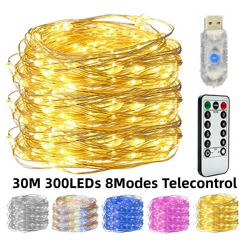 Guirlande lumineuse basse tension en fil de cuivre avec télécommande USB, 10M/20M/30M, 300Led, 8 fonctions, fil de cuivre Led de noël